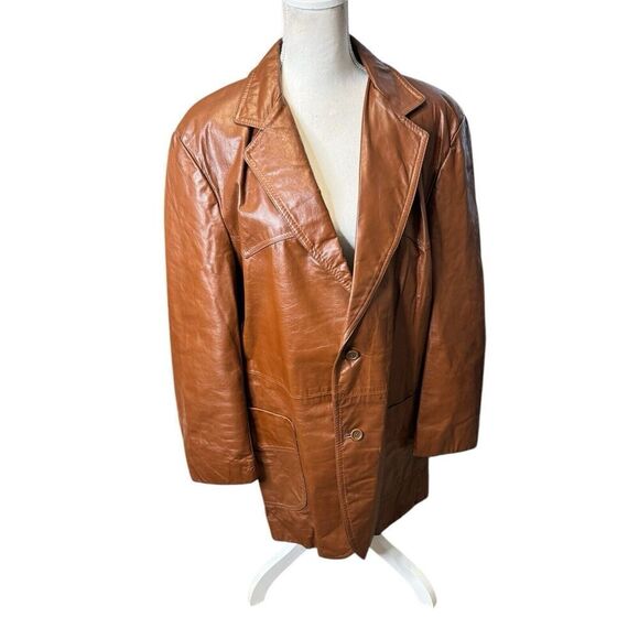 Vintage 70’s Sears Size 46 Tall Brown Orange Retro 2 Button Leather Jacket Coat - Picture 4 of 10